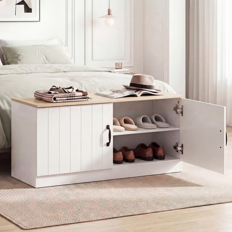 2-Door Shoe Bench Shoe Storage Cabinet with Adjustable Shelves-Natural