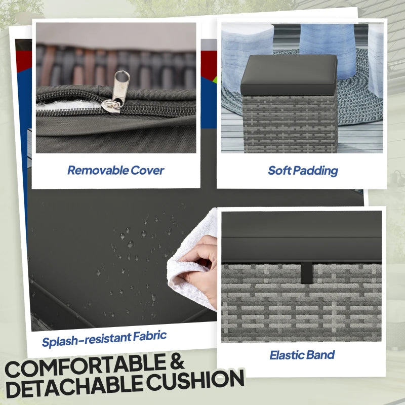 2 Pieces Wicker Outdoor Ottoman with Storage, Cushion, Square Outdoor Footstool, Seating, Side Table, Dark Grey