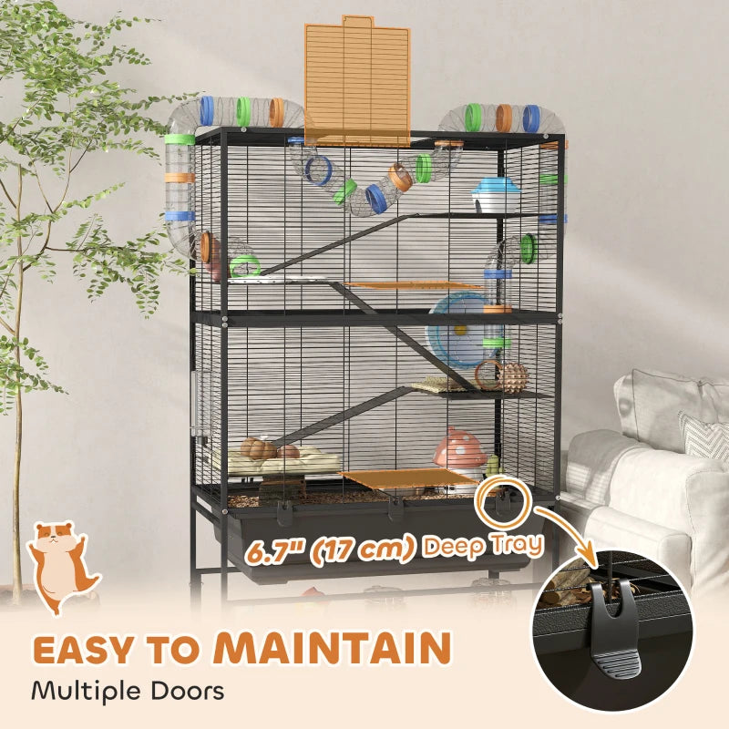 5 Tier Rolling Hamster Cage with 7" Deep Tray, Storage Shelf, Big Exercise Wheel, Tube System, for Syrian, Gerbil, Rat