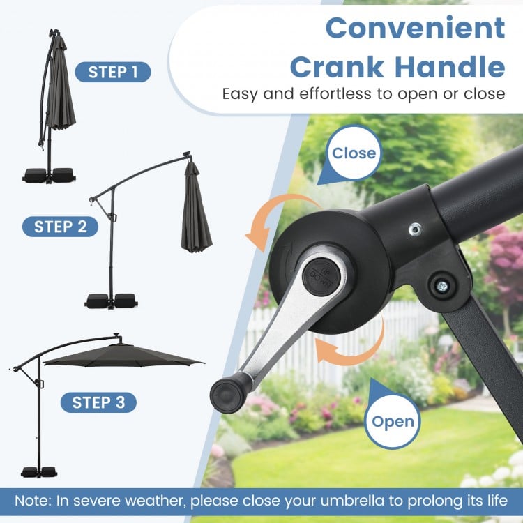 10 Feet Solar Offset Hanging Umbrella with Base and LED Lights-Gray