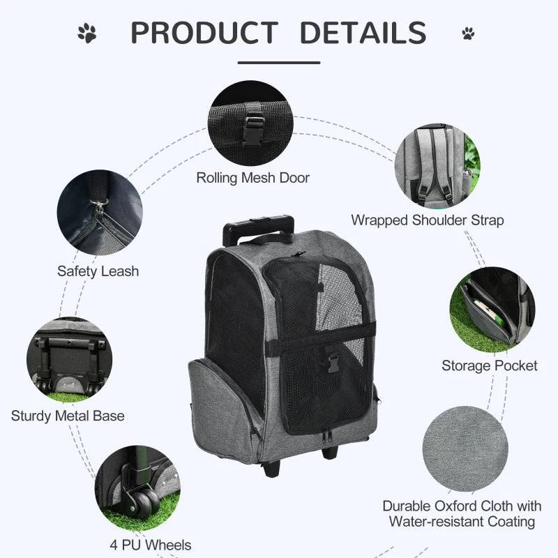 2-IN-1 Pet Luggage Box Backpack Carrier Cats Dogs w/ Handle, Rolling Wheel Grey