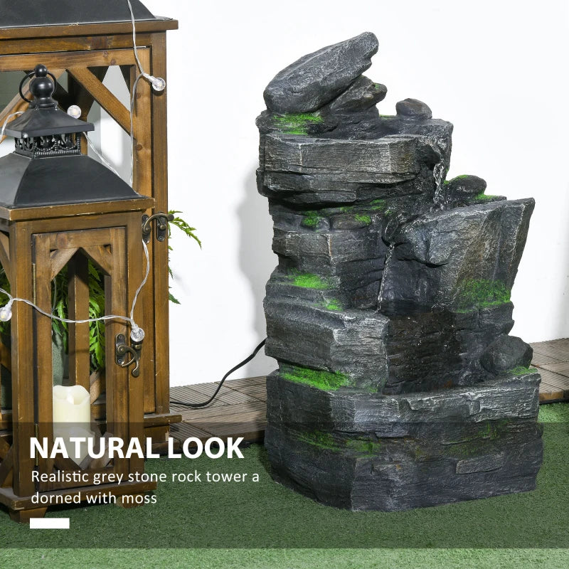 4-Tiered Rock Outdoor Water Fountain with LED Lights, Adjustable Flow, 22.4-inch Resin Waterfall Fountain