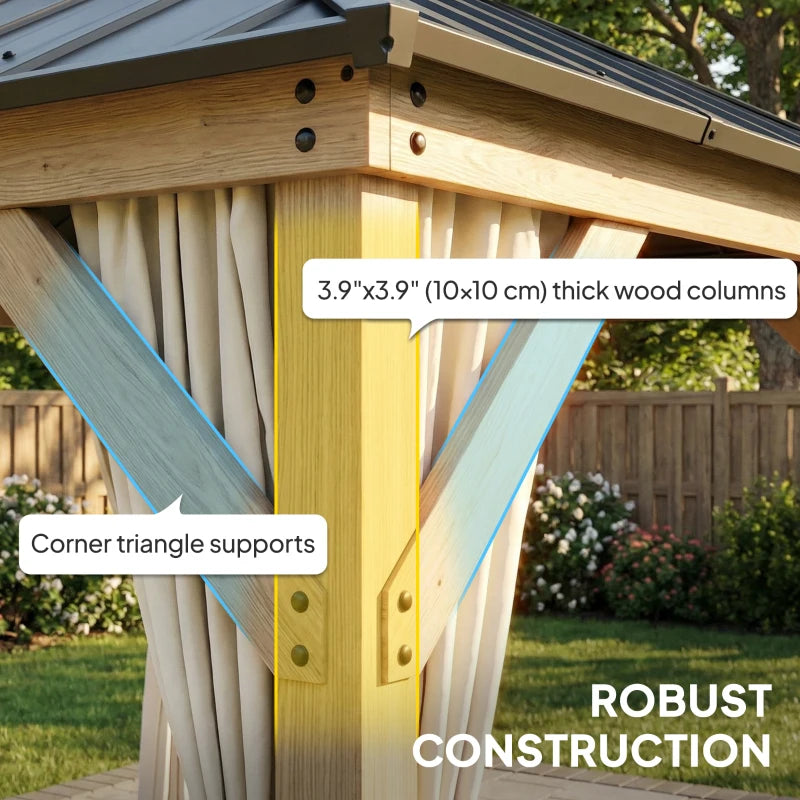 10' x 10' Outdoor Hardtop Gazebo with Double Steel Roof, Wood Patio Gazebo with Curtains, Hook, Light Grey