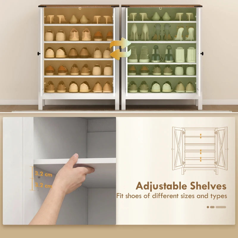 Shoe Cabinet with Barn Doors, Farmhouse Shoe Storage Cabinet with Adjustable Shelves, Holds up to 15 Pairs, White
