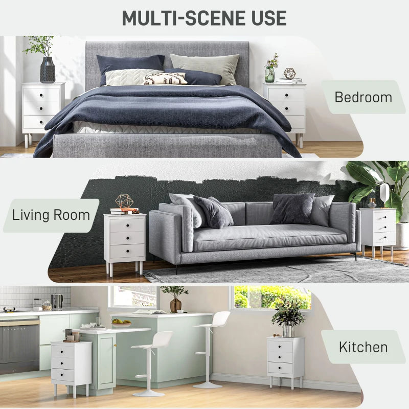Set of Two Three-Drawer Modern Bedside Tables for Bedroom, White