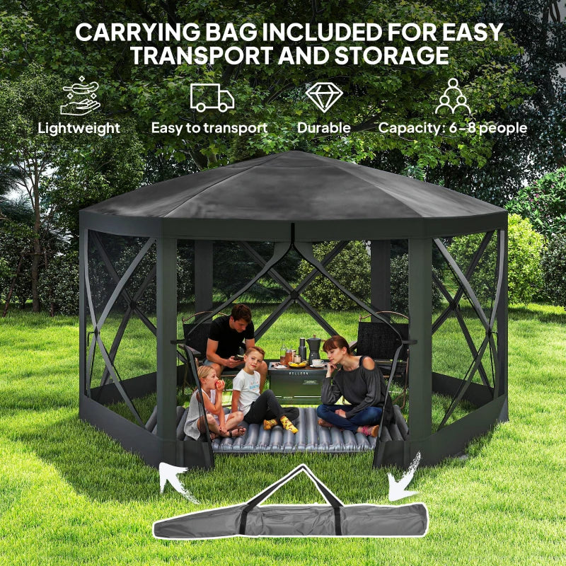 12' x 12' Hexagon Automatic Pop Up Screen Tents, Camping Shelter w/ Mesh Sidewalls and Carry Bag Black