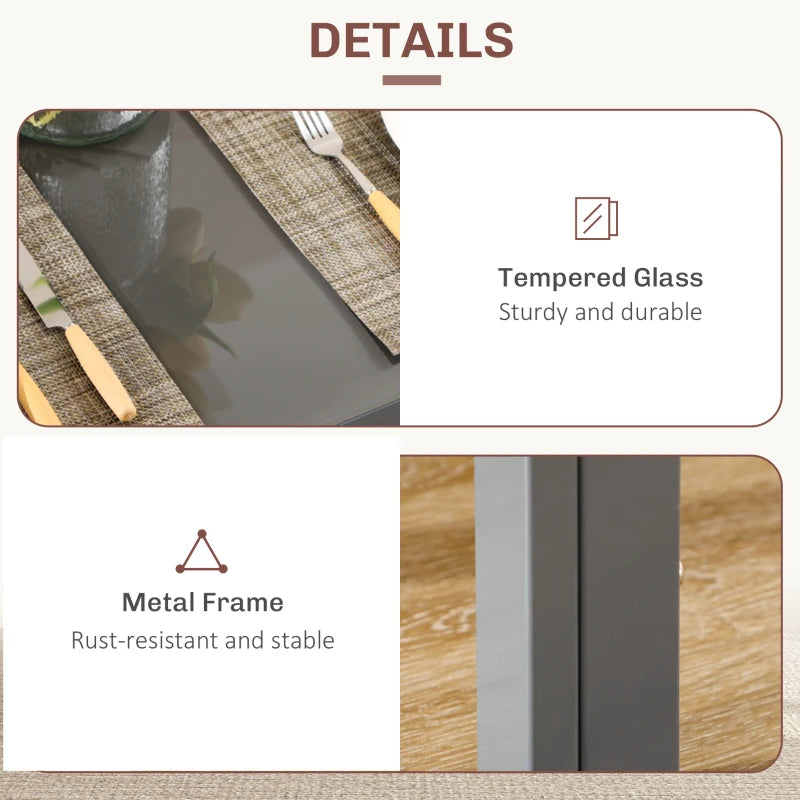 3-Piece Rectangular Glass Kitchen Table and Chairs with Metal Frame and Faux Leather Upholstery for Dining Room, Grey