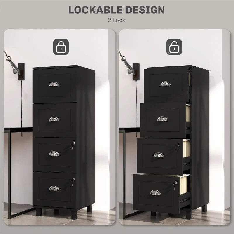 4 Drawer File Cabinet with Lock, Office Filing Cabinet, A4 Letter Size, Hanging File Folders, Black