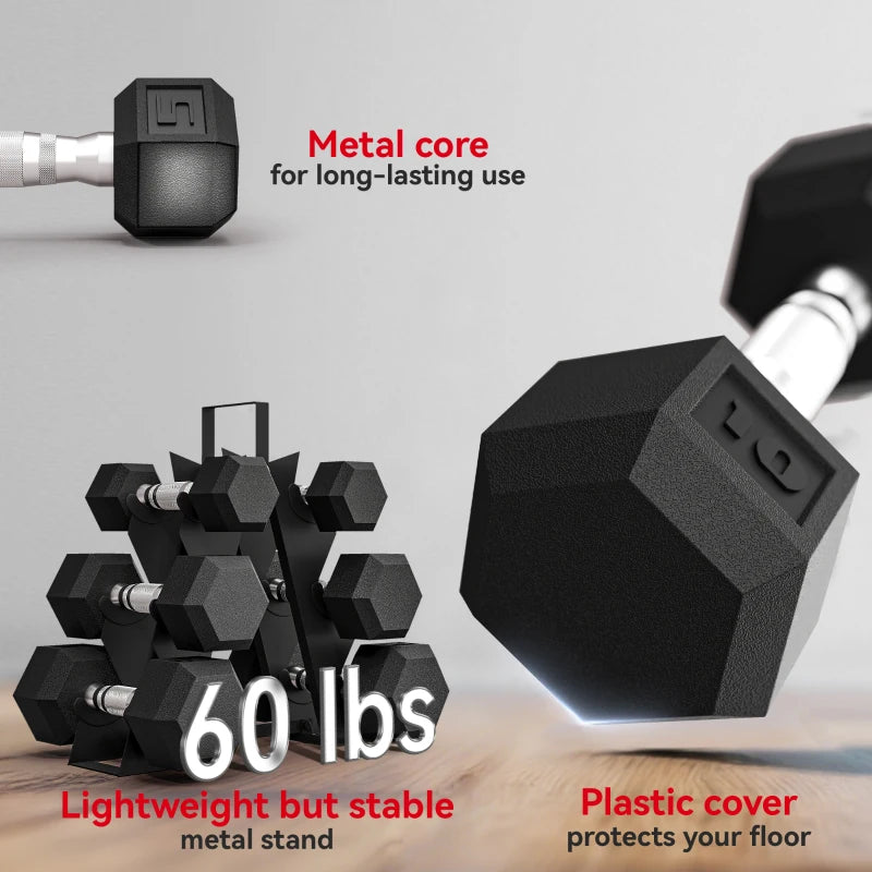 Soozier 60 LBS Hex Dumbbell Set with Rack, Rubber Coated Weights with Non-Slip Handles for Home Gym Strength Training
