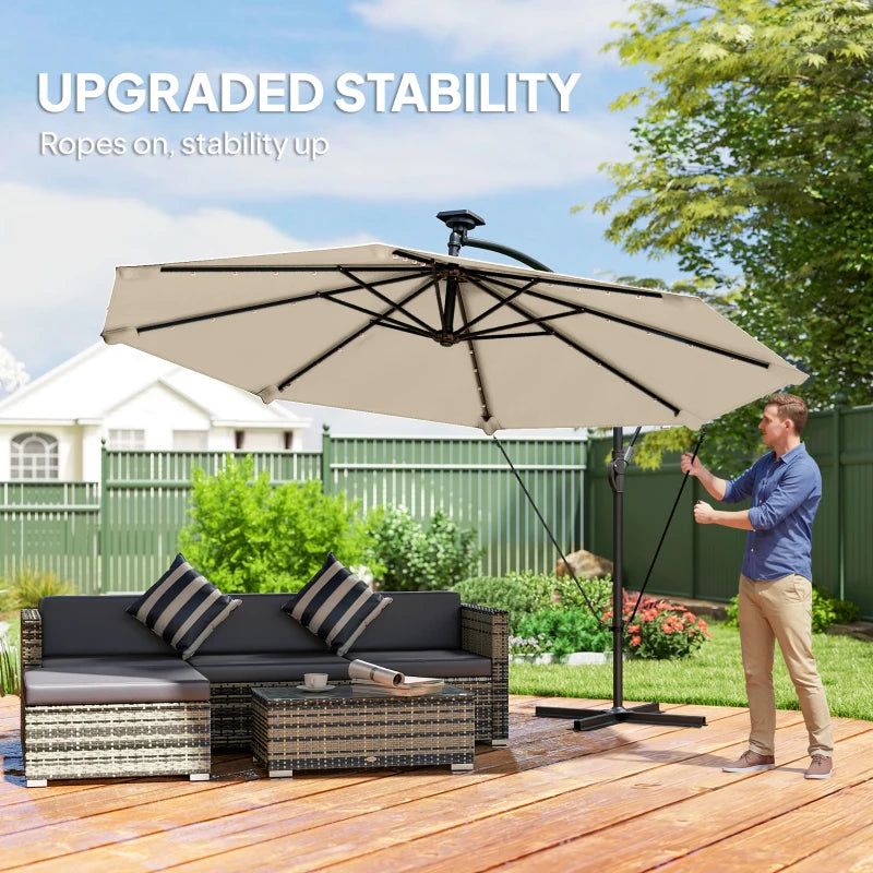 11.3 ft Cantilever Patio Umbrella with Light, Cover, Aluminium UPF50+ Offset Outdoor Umbrella Parasol, Khaki