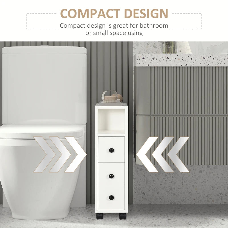 Slim Bathroom Cabinet with Wheels, Narrow Bathroom Storage Cabinet with Door, Drawer and 2 Open Compartments, White