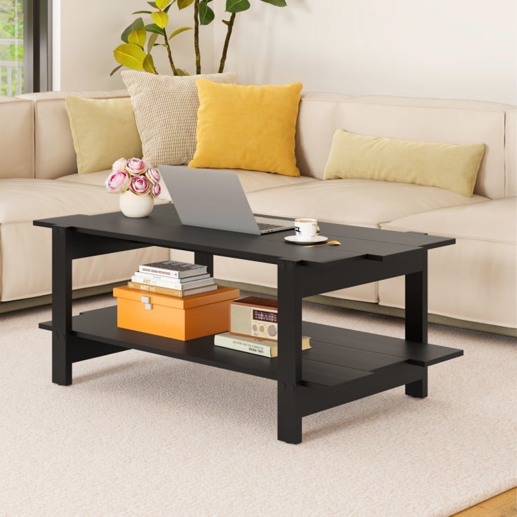 2-Tier Coffee Table Slatted Wood Center Table with Storage Shelf-Black
