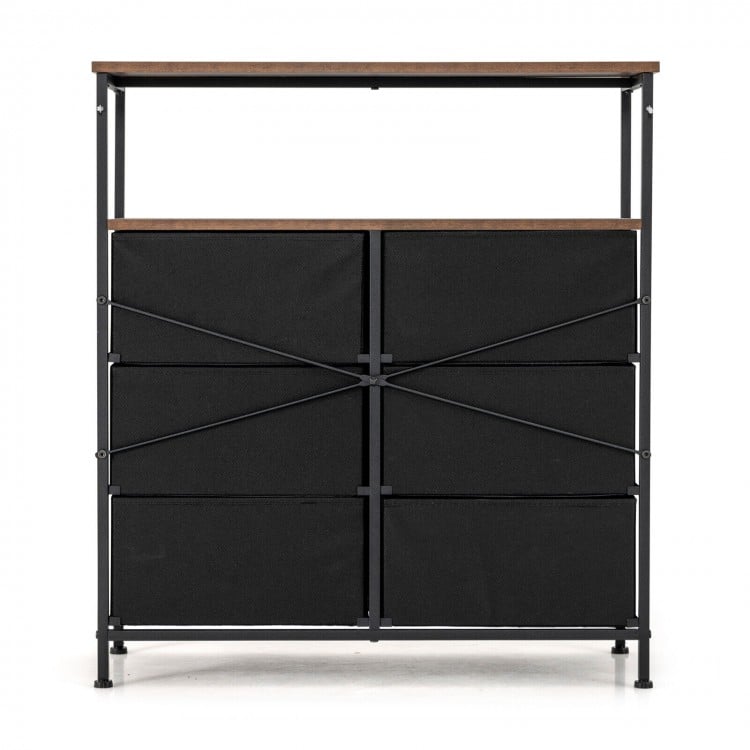 2-Tier Storage Chest with Wooden Top and 6 Fabric Drawers-Rustic Brown