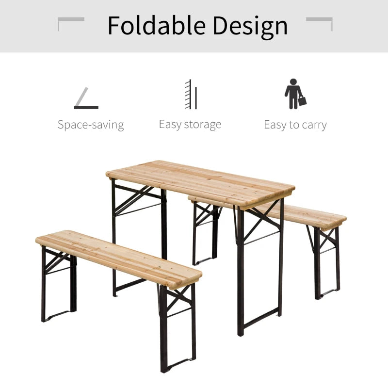 3 Pieces Folding Picnic Table Set, Portable Folding Picnic Table and Benches with Steel Frame for Garden, Park, Natural Wood