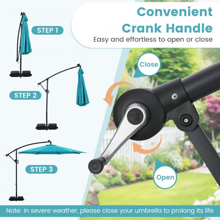 10 Feet Solar Offset Hanging Umbrella with Base and LED Lights-Turquoise