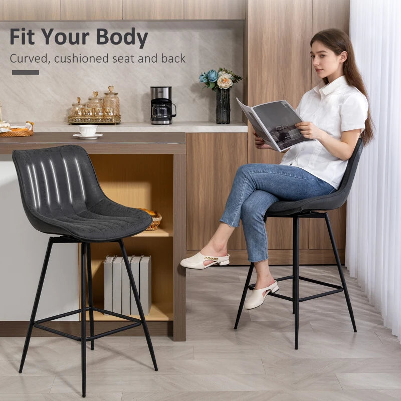 Set of 2 Counter Height Barstools, PU Leather Upholstered Bar Stools with Backrest, Footrest and Steel Legs, Black