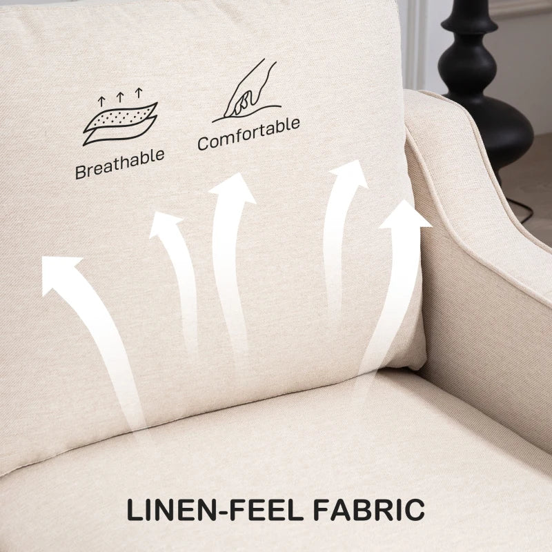 3 Seater Sofa, Modern Couch with Pocket Spring, Linen Upholstered, Thick Padded, Beige