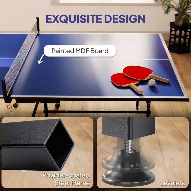 Soozier Full Size Table Tennis Table, Folding Ping Pong Table with Net, Paddles, Balls and Wheels, Blue