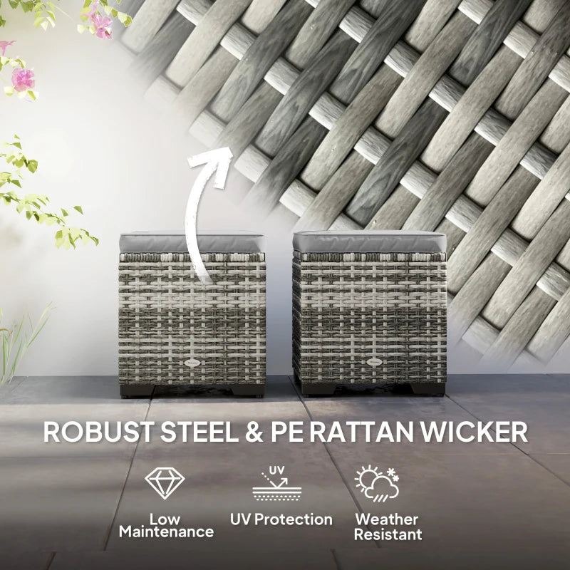 Set of 2 Wicker Ottoman, Outdoor Footstool with Storage & Removable Cushions for Poolside, Patio, Deck, Grey