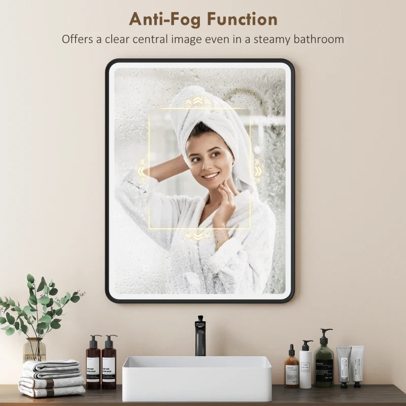 36" x 28" Bath Mirror with LED Lights, Wall Mounted Restroom Mirror, 3 Colours, Dimmable, Horizontal/Vertical, Black