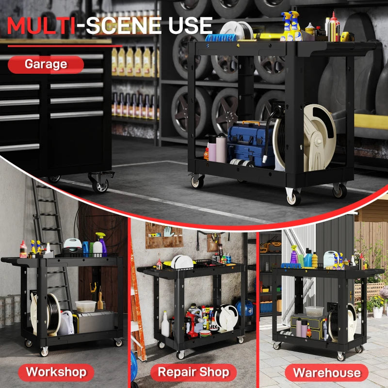 2-Tier Rolling Tool Cart with Wheels, 500 LBS Capacity Utility Cart with Handle, Mobile Service Tool Organizer, Black
