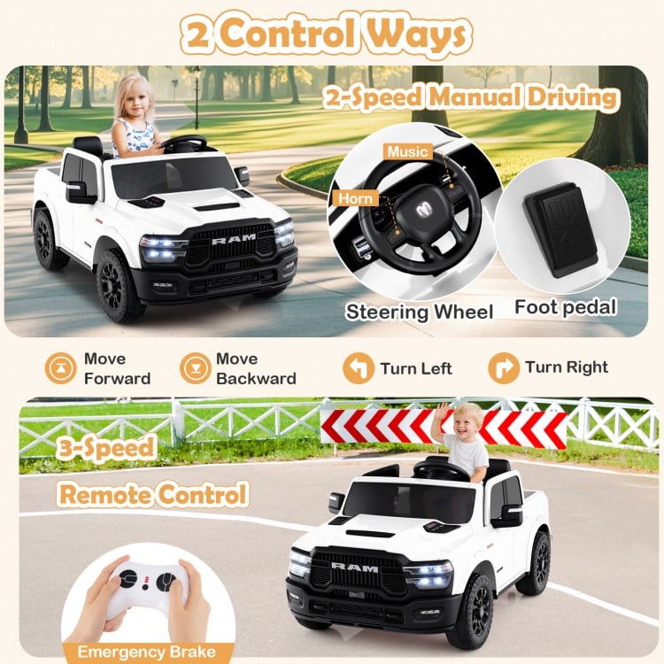 2 Seater 24V Ride on Toy for Big Kids Licensed Ram Truck with Remote and Music-White