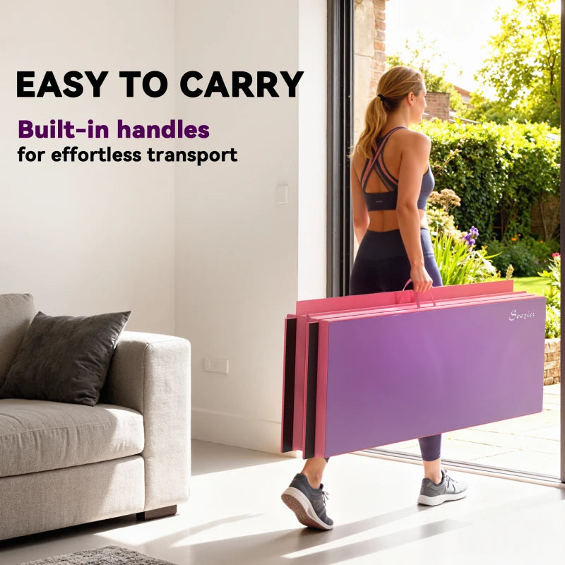 Soozier 4'x6'x2'' Folding Gymnastics Tumbling Mat, Exercise Mat with Carrying Handles for Yoga, MMA, Martial Arts, Stretching, Core Workouts, Pink and Purple