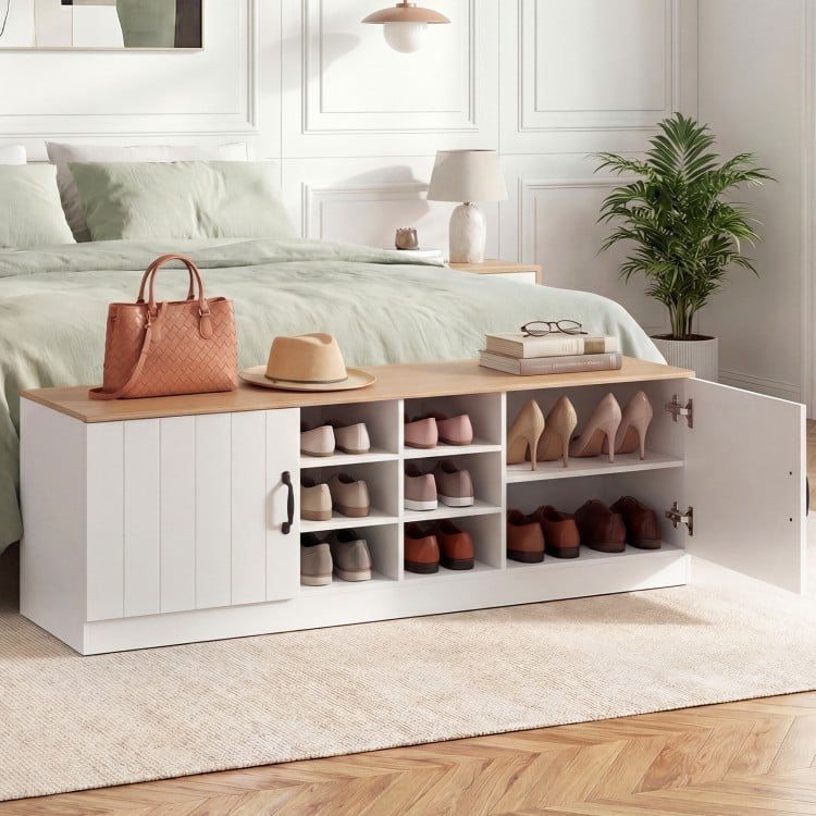 2-Door Shoe Bench Storage Cabinet with Adjustable Shelves-Natural