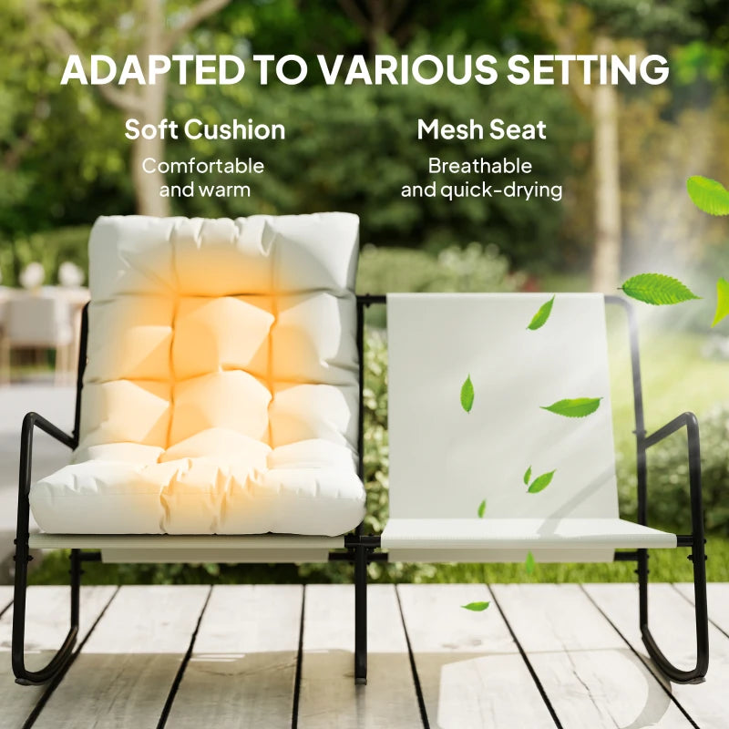 2-Person Outdoor Rocking Chair, Rocking Outdoor Bench with Cushions and Mesh Seat, 528 LBS Capacity, Light Grey