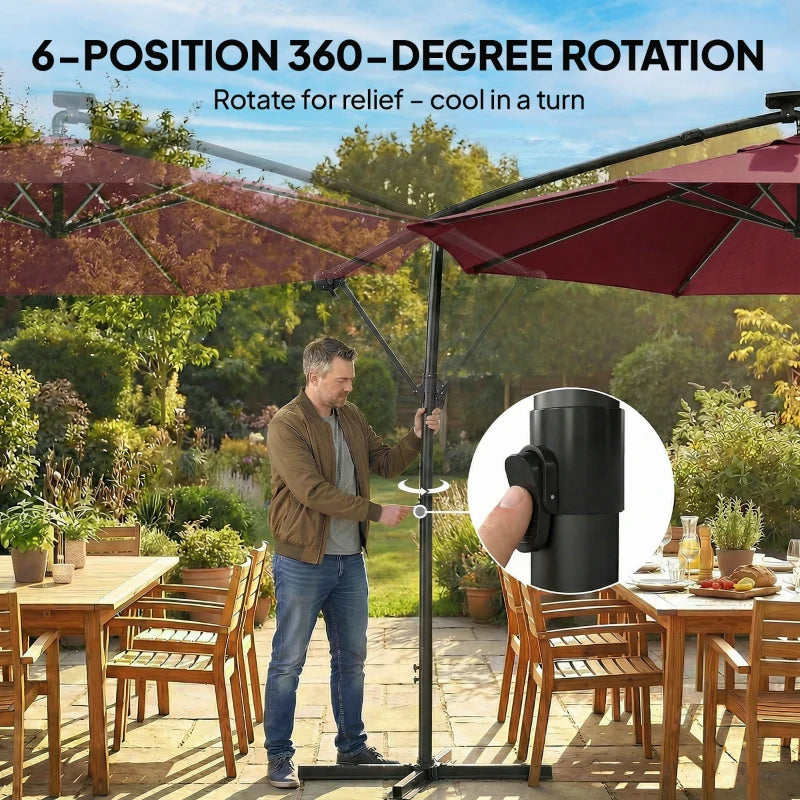 10 ft Offset Patio Umbrella with Solar Light, Garden Hanging Parasol with 360° Rotation, Tilt, Cover, Wine Red
