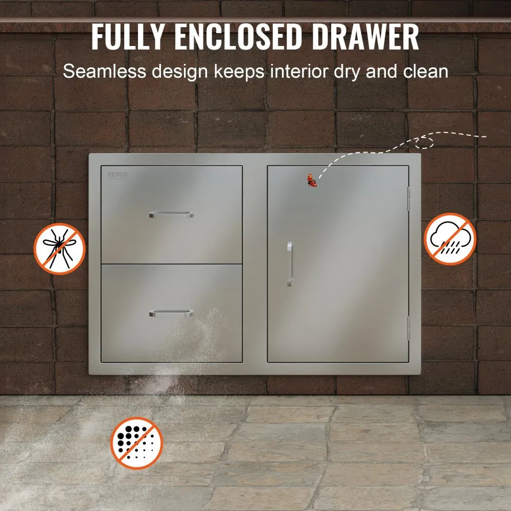 VEVOR Outdoor Kitchen Door Drawer Combo 32.5\" W x 21.6\" H x 20.5\'\'D, Access Door/Double Drawers with Paper Towel Rack, BBQ Island Drawers with Stainless Steel Handles for Outdoor Kitchen
