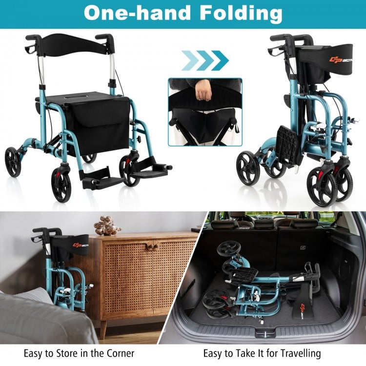 2-in-1 Adjustable Folding Handle Rollator Walker with Storage Space-Blue