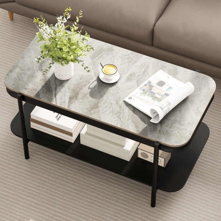 2-Tier Modern Rectangular Coffee Table with Sintered Stone Top-Gray
