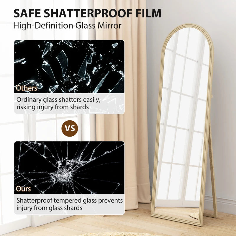 64" x 21" Full Length Mirror, Free Standing, Leaning or Wall, Arched Full Body Mirror with Faux Stone Frame, Beige