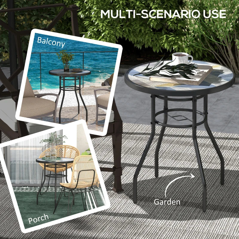 23.6" Round Patio Table, Outdoor Side Table with Glass Printed Top, Multicolour