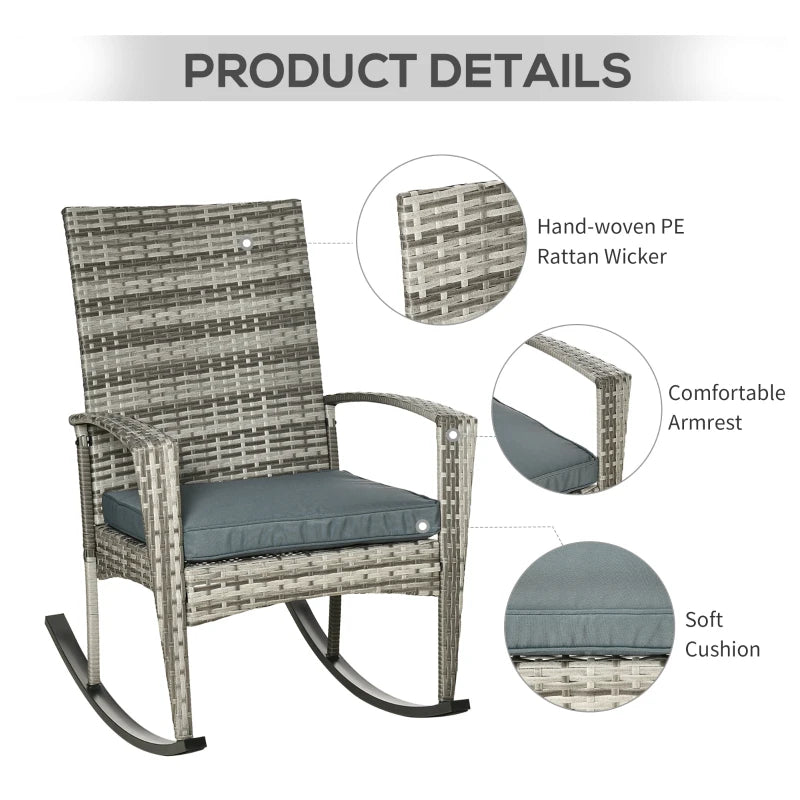 3 Pieces Patio Wicker Rocking Chair Set, Outdoor PE Rattan Bistro Set Conversation Rocker Set with 2 Chairs 1 Coffee Table for Backyard, Deck, Poolside, Grey