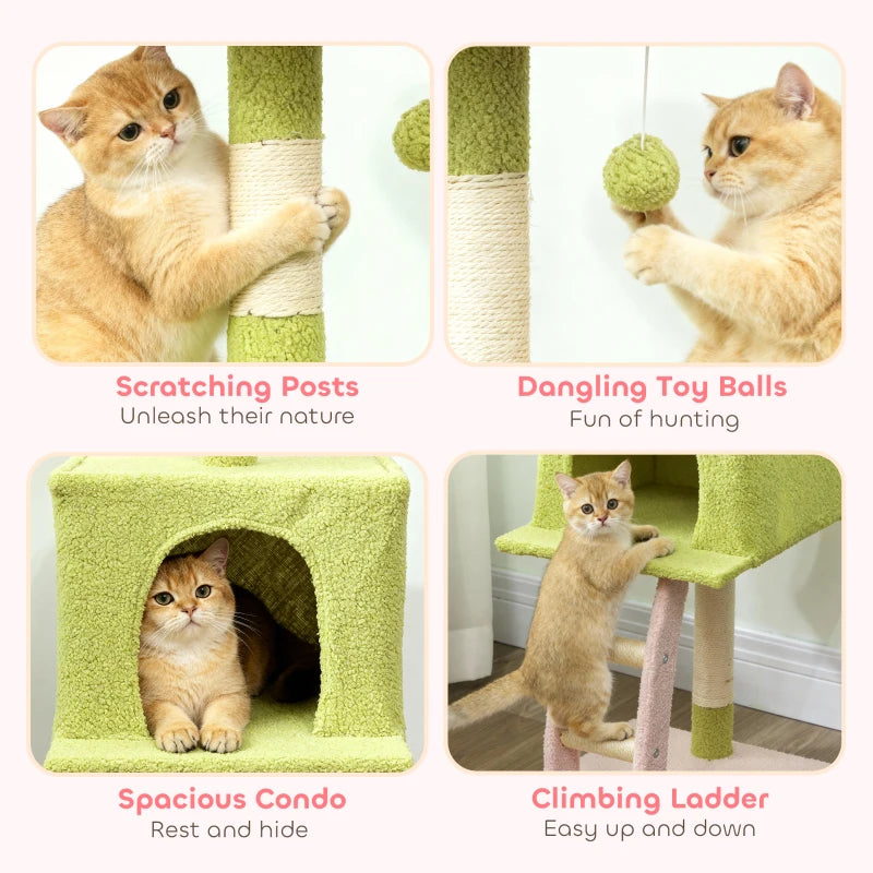48" Flower Cat Tree with Scratching Post, Cozy Bed, Condo, Climbing Ladder, Perch, Dangling Ball, Green