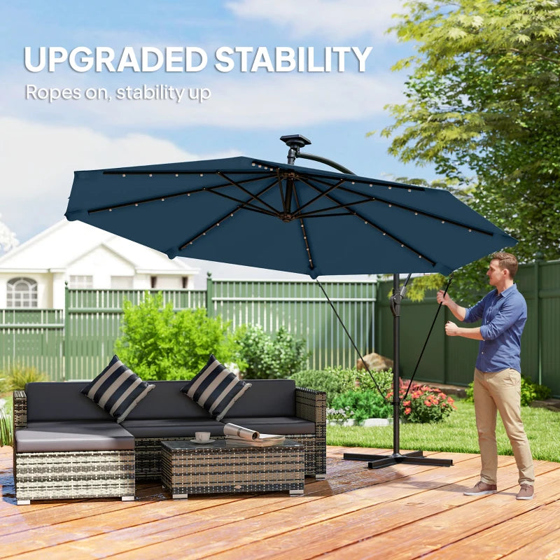 11.3 ft Cantilever Patio Umbrella with Light, Cover, Aluminium UPF50+ Offset Outdoor Umbrella Parasol, Navy Blue
