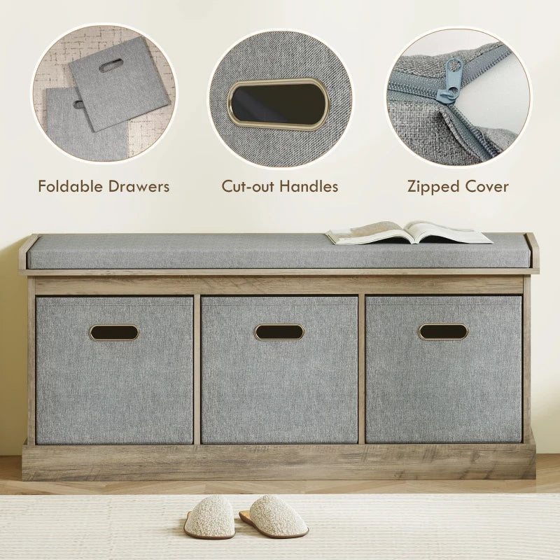 Shoe Storage Bench with Seat, Entryway Bench Seat with Cushion, 3 Fabric Drawers for Hallway, Washed Grey
