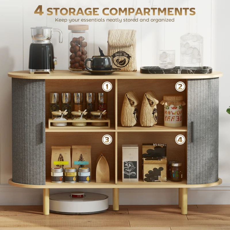 47" Buffet Cabinet with Tambour Sliding Doors, Fluted Sideboard with Storage Shelves and Wooden Legs, Grey