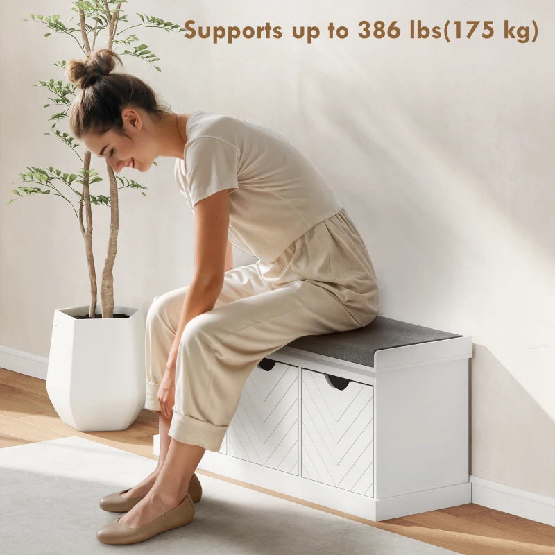 Shoe Storage Bench, Linen-Look Entryway Bench with 3 Removable Drawers and Padded Seat Cushion for Hallway, White