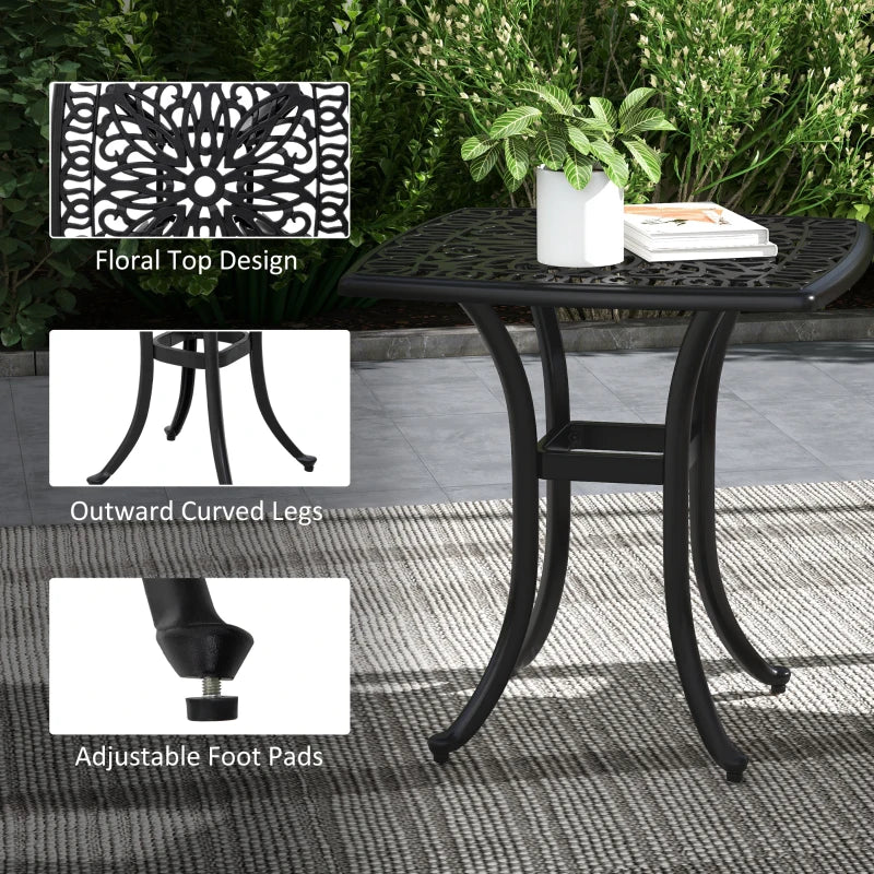 21" Square Outdoor End Table, Cast Aluminum Patio Side Table with Umbrella Hole for Garden, Balcony, Poolside, Black