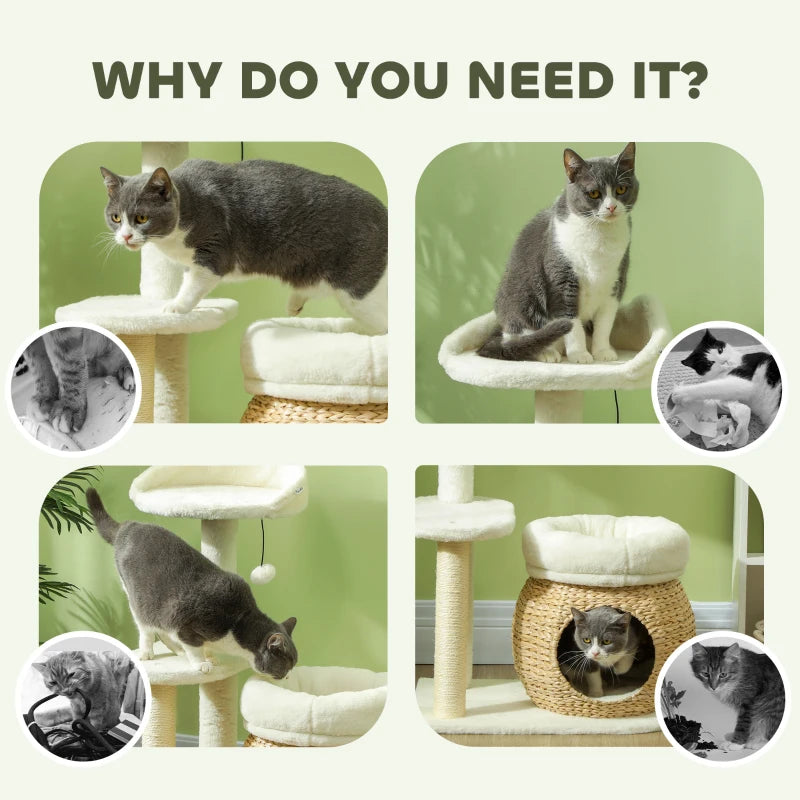31" Cat Tree Tower with Scratching Posts, Cat Condo, Beds, Platform, Toy Ball, for Indoor Cats, Cream White