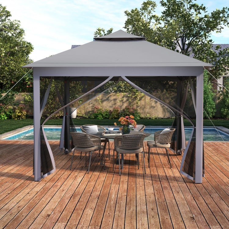 11 x 11 Feet 2-Tier Pop-Up Gazebo Tent Portable Canopy Shelter Carry Bag Mesh-Gray