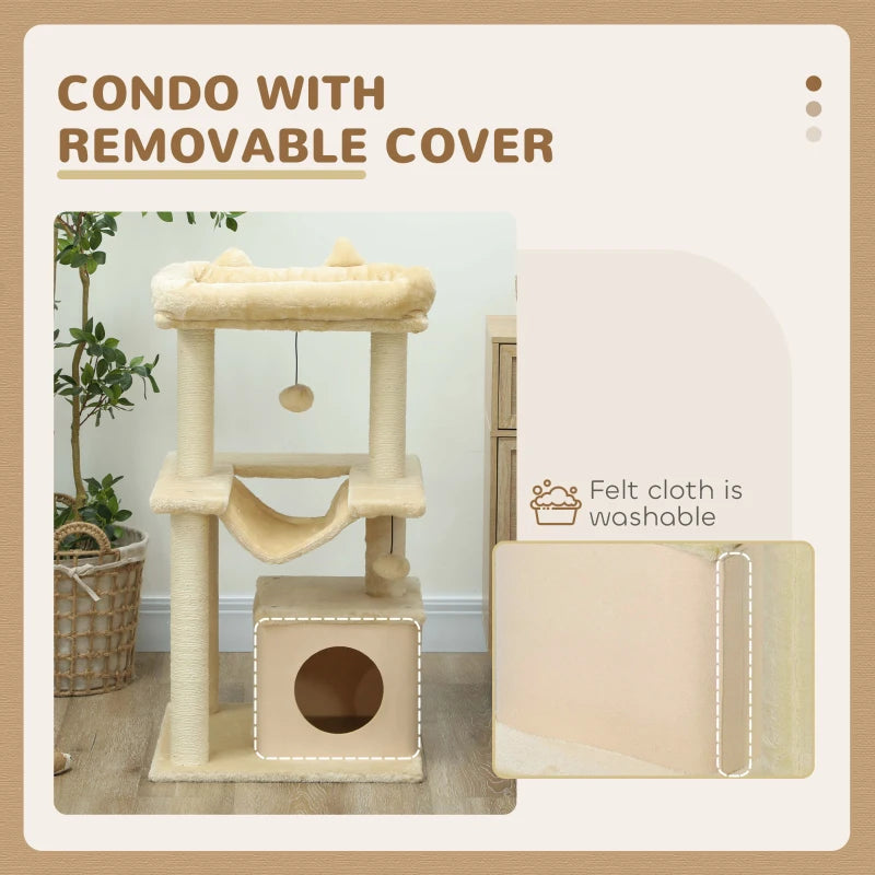 39.25'' Cat Tree Tower Multi-Level Kitten House with Scratching Post Condo Hammock Bed Ball Toy - Beige