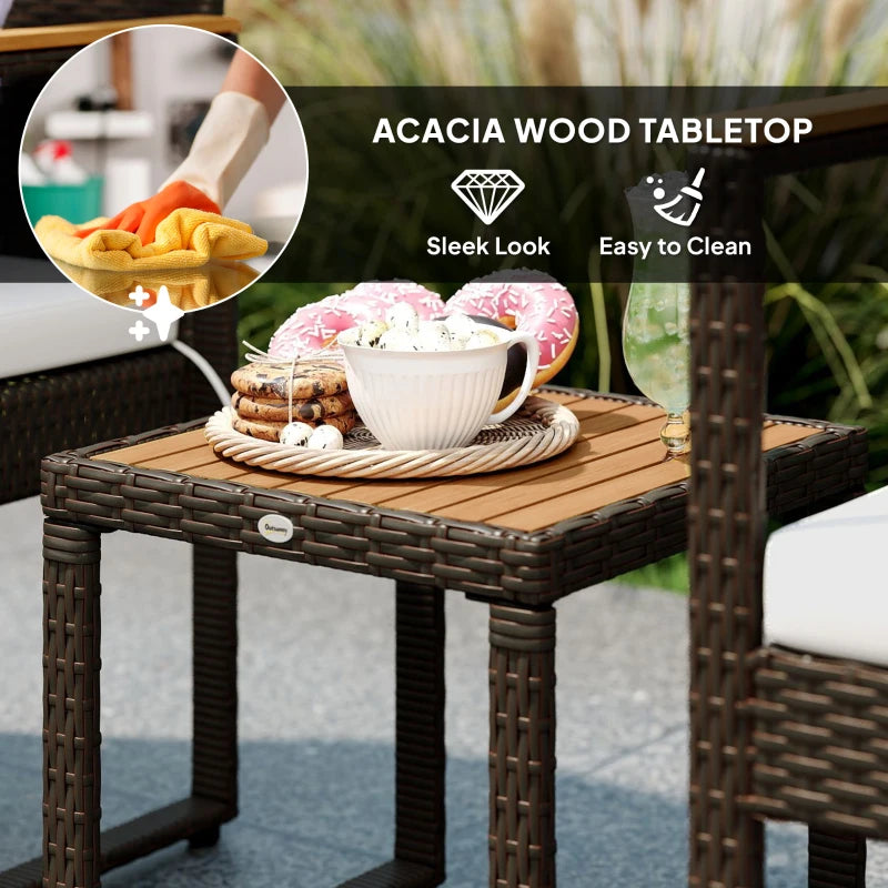 3 Pieces Wicker Patio Furniture Set, Rattan Bistro Set w/ Acacia Wood Table & Removable Cushions, White