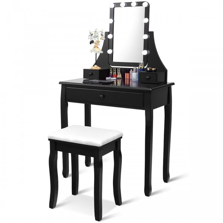 10 LED Lighted Mirror and 3 Drawers Vanity Table Set-Black