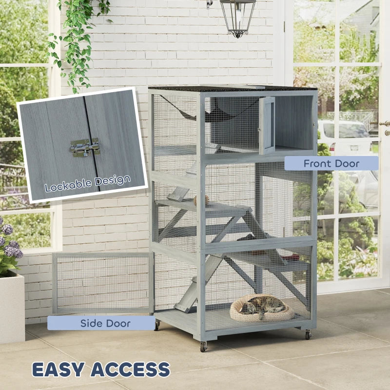 66"H Catio Outdoor Cat Enclosure on Wheels with Hammock Multiple Platforms Resting Condo Ramps for 1-3 Cats, Grey