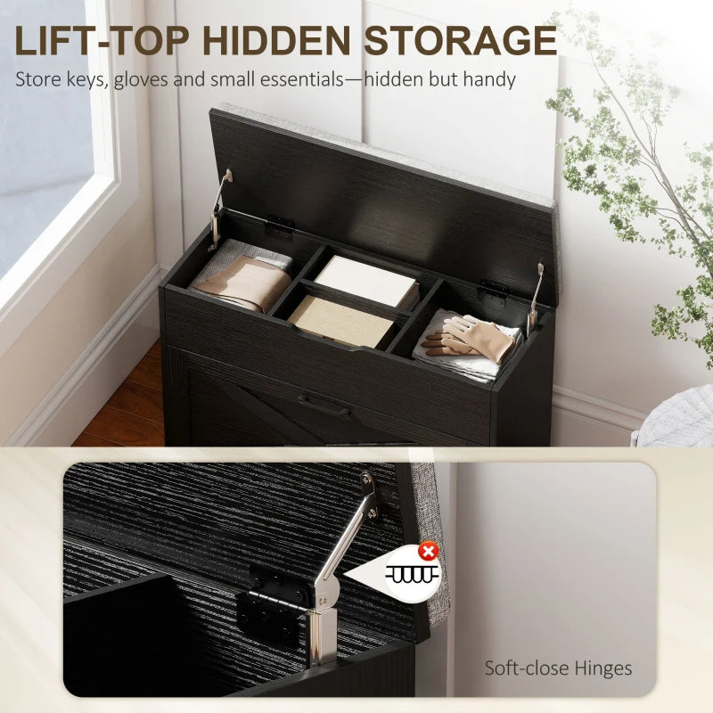 Shoe Storage Bench with Flip Drawer and Lift Top Storage, Entryway Bench with Seat Cushion for Hallway, Black