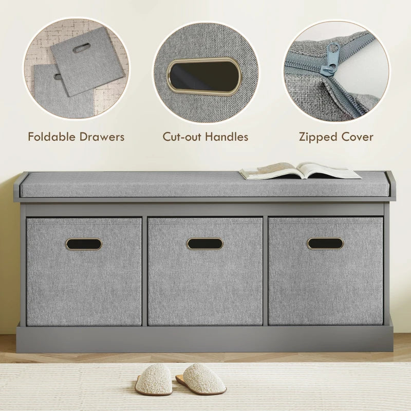 Shoe Storage Bench with Seat, Entryway Bench Seat with Cushion, 3 Fabric Drawers for Hallway, Dark Grey